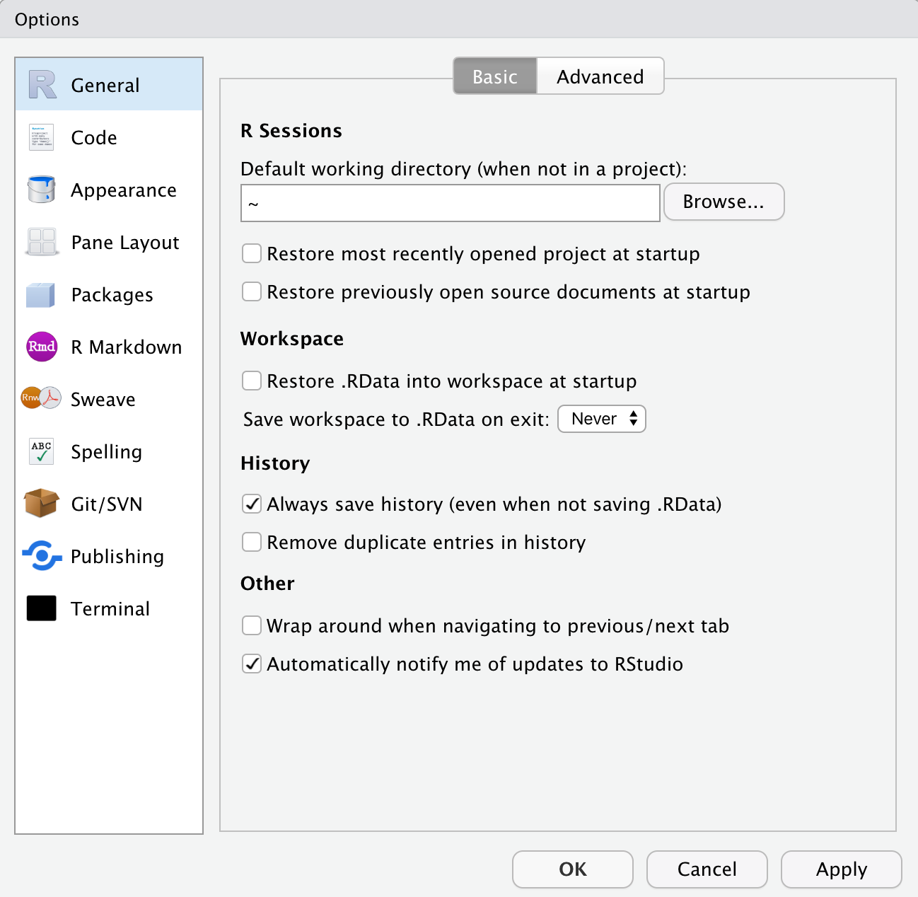 General tab from the Global Options in RStudio